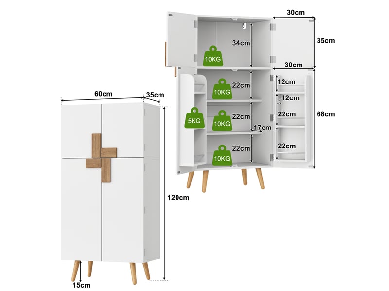  Buffet de cuisine haut avec 4 portes, étagères réglables et rangements de porte, pour cuisine, en mdf blanc, 60 × 35 × 120 cm  - Conforama D