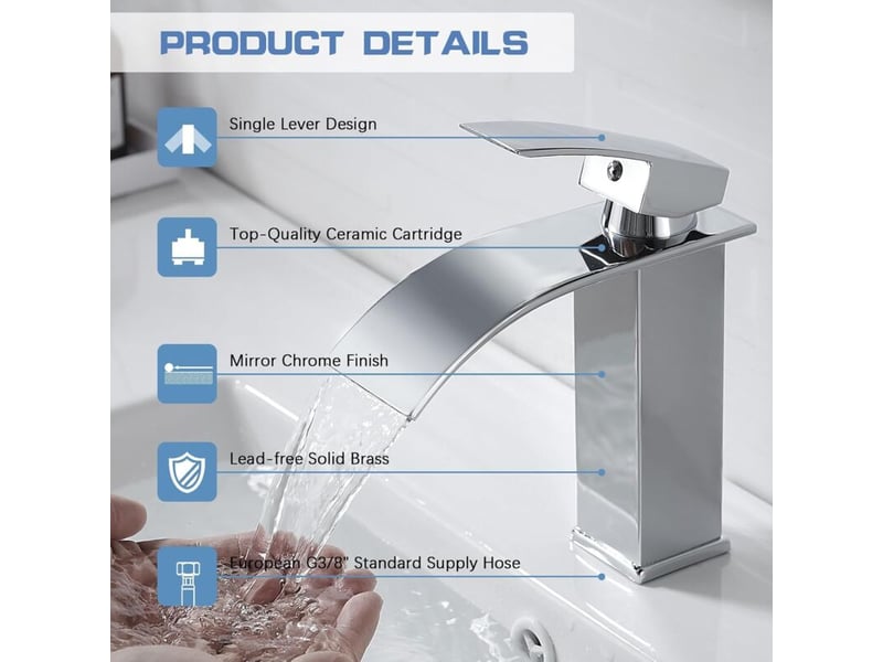  Robinet lavabo cascade, mise à niveau moderne mitigeur salle de bain, robinetterie grand bec carré en laiton, eau chaude et froide disponible, argent  - Conforama C
