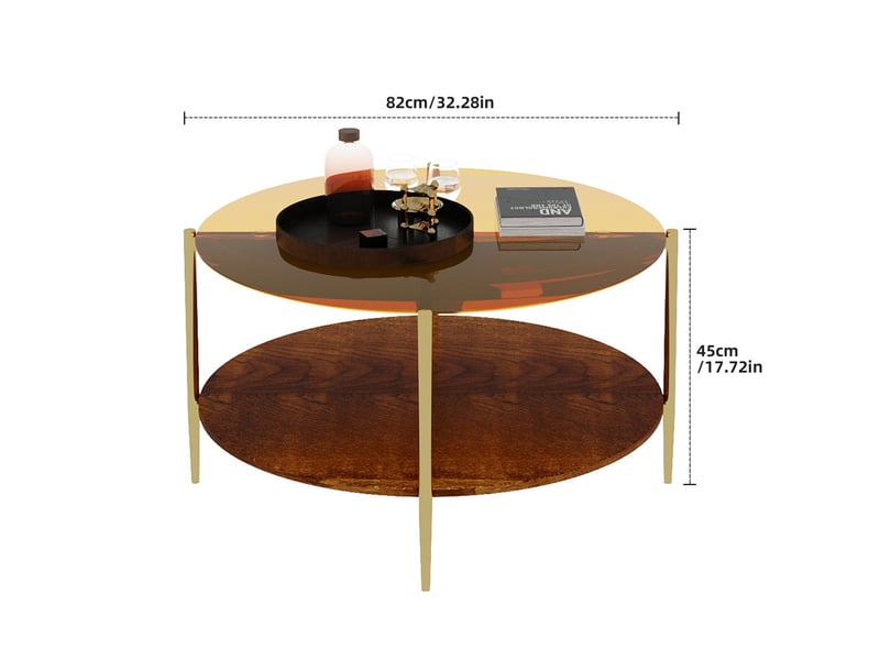  Table de salon surface en verre style moderne minimaliste plateau rond en verre doré niveau inférieur en bois design beau et pratique  - Conforama C