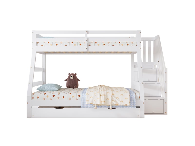Lits superposés 90x200cm lit gigogne avec escalier et compartiment et barrières - lit en bois - blanc (sans matelas) - Conforama A