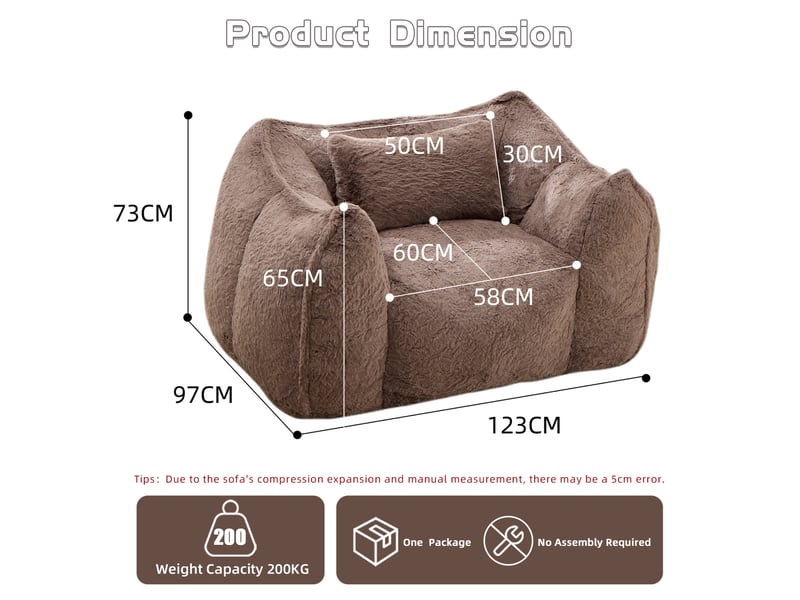 Fauteuil pouf géant avec dossier enveloppant et coussin, en fausse fourrure kaki, 123 × 97 × 73 cm - Conforama C
