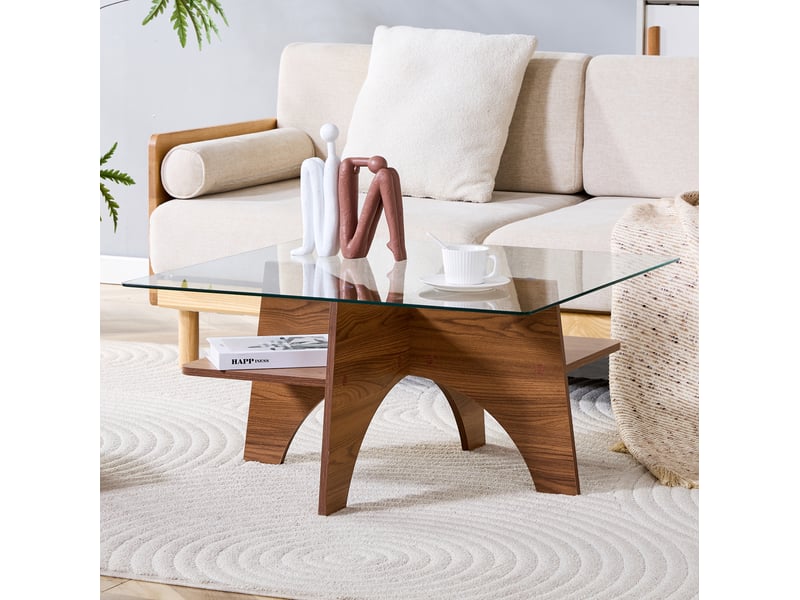  Table basse carrée fixe en verre de sécurité avec rangement, structure mdf noyer, style moderne, 80 × 80 × 40 cm  - Conforama B