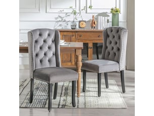 Chaise de salle à manger lot de 6, assise velours gris chaise rembourrée, pieds en chêne, heurtoir chromé, clous tapissiers
