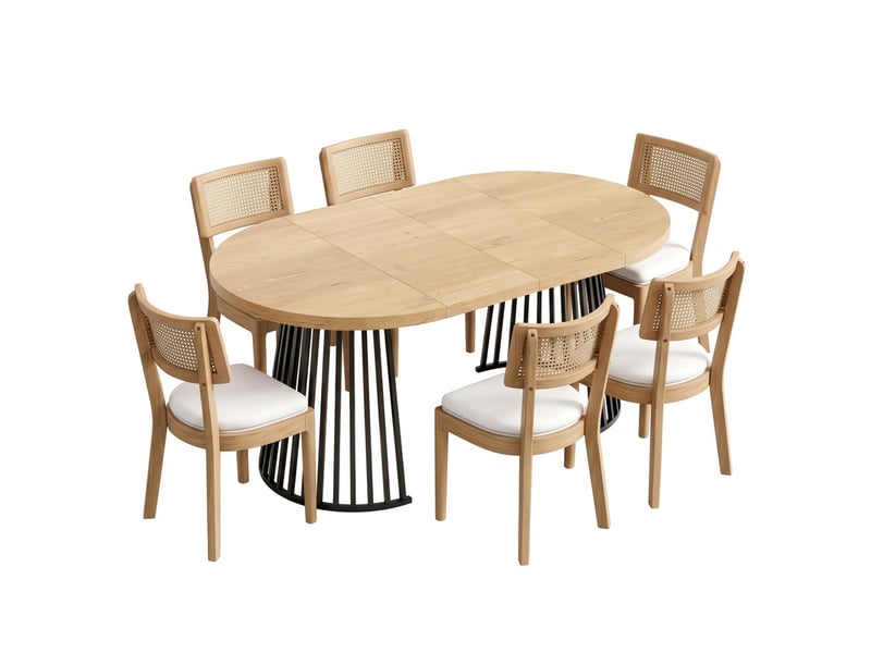  Ensemble table et chaises 4-8 pers, table extensible 100/138/176x100cm, chênenoir + 6 chaises bois/rotin lin  - Conforama A