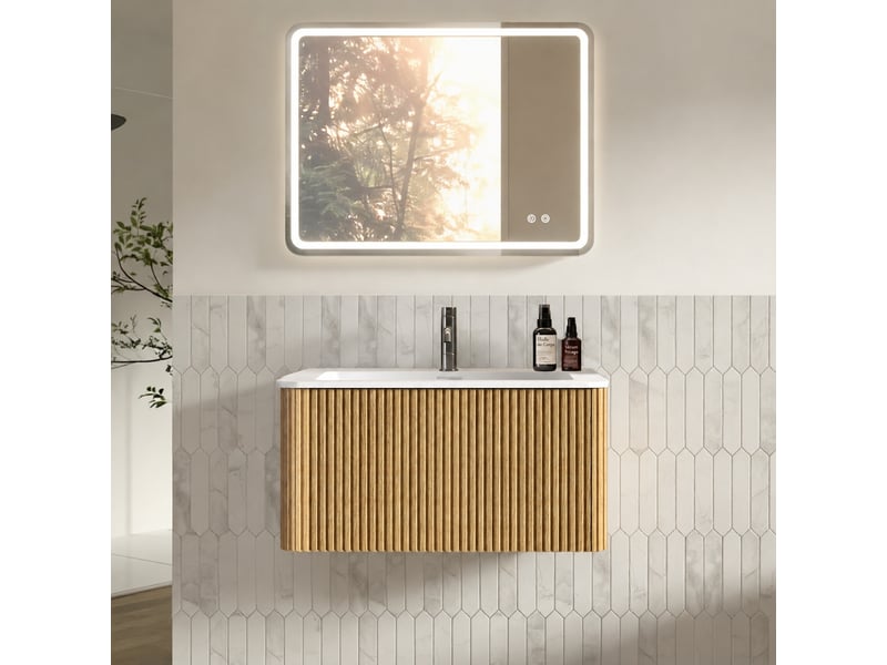  Ensemble meuble vasque suspendu 80 cm avec miroir led, finition chêne  - Conforama B