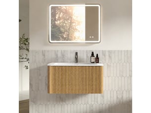 Ensemble meuble vasque suspendu 80 cm avec miroir led, finition chêne