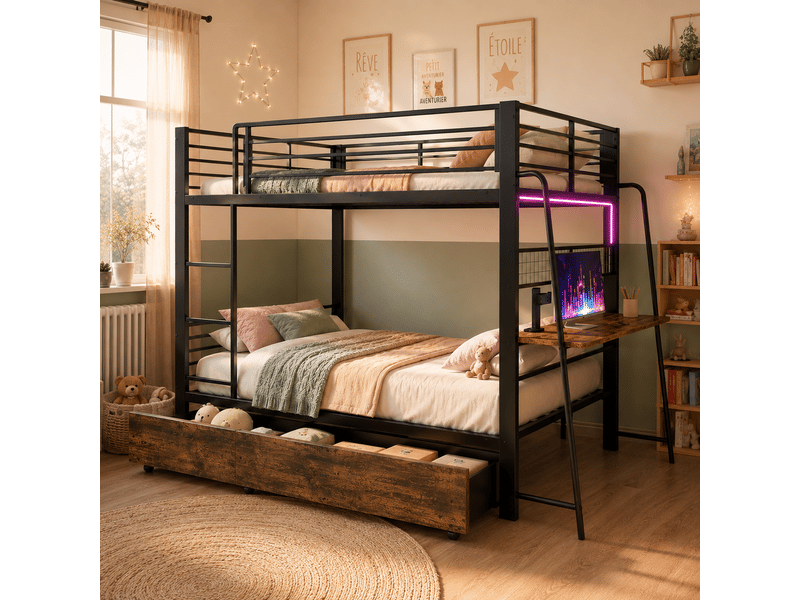  Lit superposé en métal 90x200 cm avec bureau, éclairage led, tiroirs, certifié en747, 250 kg par niveau  - Conforama B