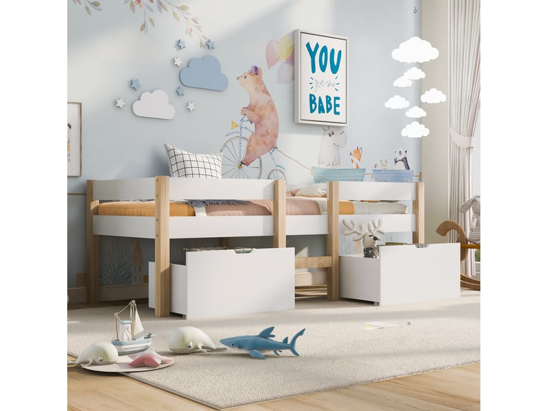 Lit enfant mi-hauteur avec 2 tiroirs 90x190 cm blanc et chêne clair - Conforama C