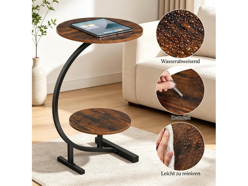 Table d'appoint ronde à 2 plateaux 4030 cm, hauteur 66 cm, en mdf et métal, style industriel près du canapé  - Conforama D