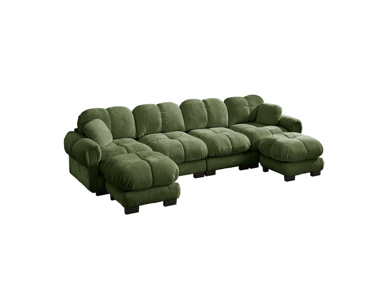 Canapé modulable 4 places 330 cm canapé droit en tissu chenille avec 2 pouf mobile, design matelassé, coussins épais, dossier ergonomique, vert Seren Glow - Conforama A