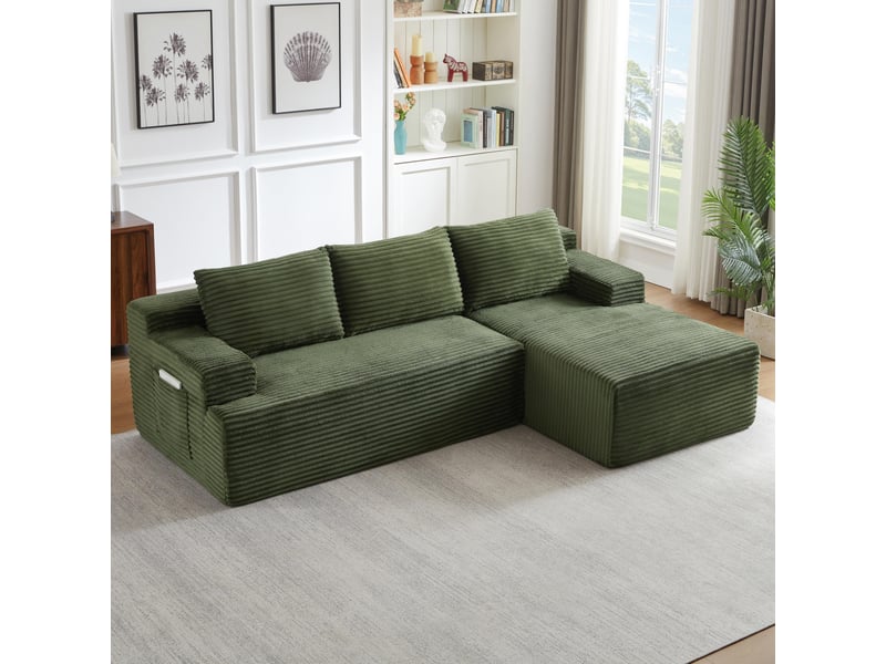  Canapé 4 places - 238x152x66cm - modulable sans montage avec méridienne droite et tissu velours côtelé - vert  - Conforama C