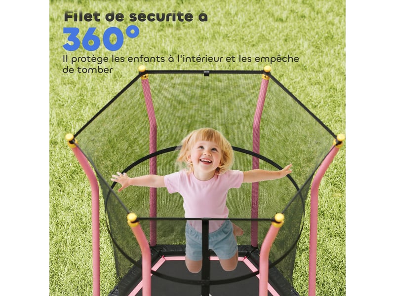  Trampoline pour enfant 1,22 x 1,11 x 1,9 m filet de sécurité porte zippée 6 poteaux rembourrés inclus rose noir  - Conforama R