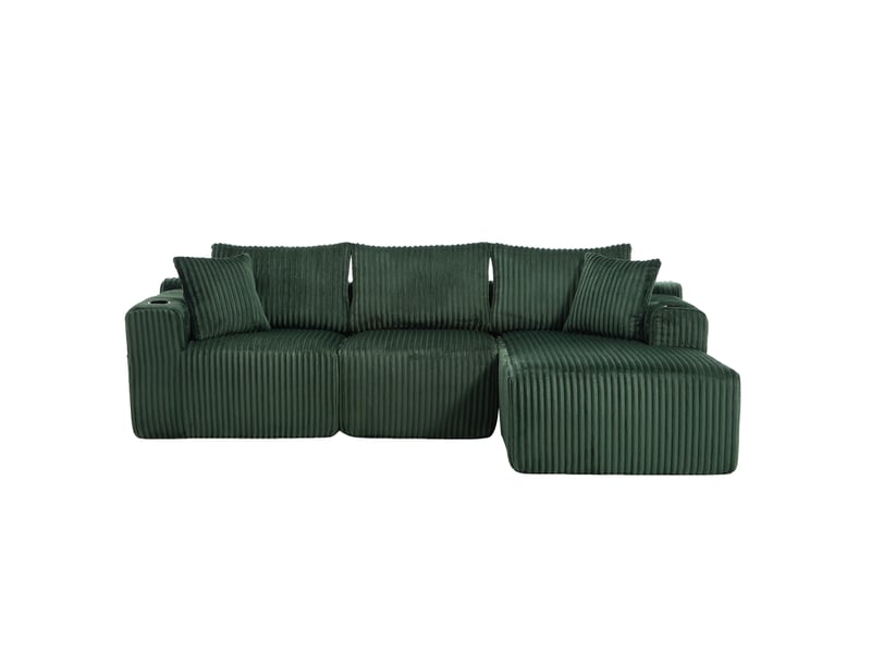  Canapé modulaire 3 places avec méridienne en velours côtelé vert émeraude  - Conforama A