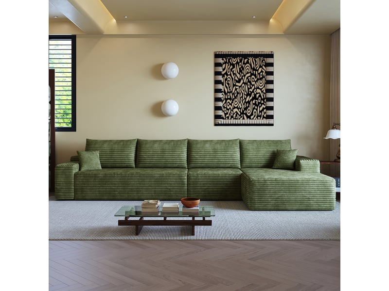 Canapé d'angle, canapé modulable, assise profonde, livré monté, design moderne, 340 cm, pour salon, chambre, vert, appartement - Conforama D