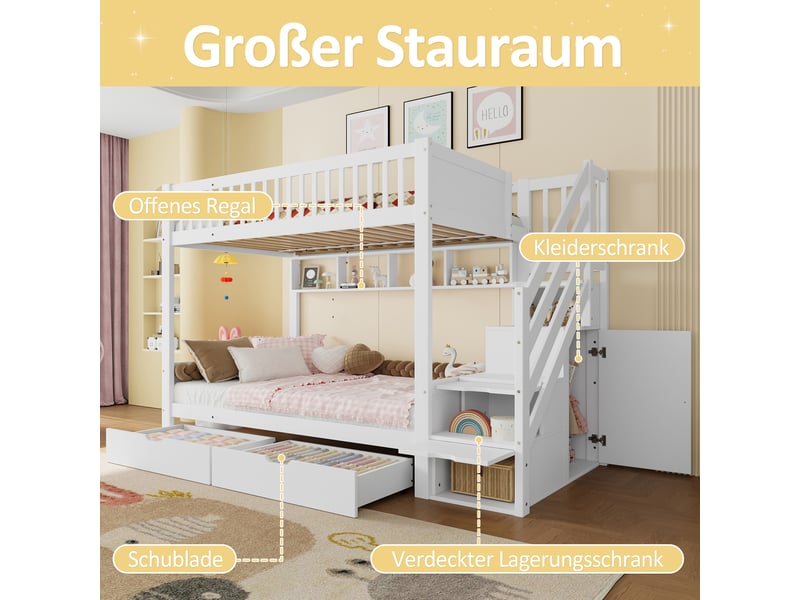  Lit superposé enfant blanc avec armoire, lit superposé 90x200 cm avec tiroirs et étagères, escalier de rangement sécurisé  - Conforama D
