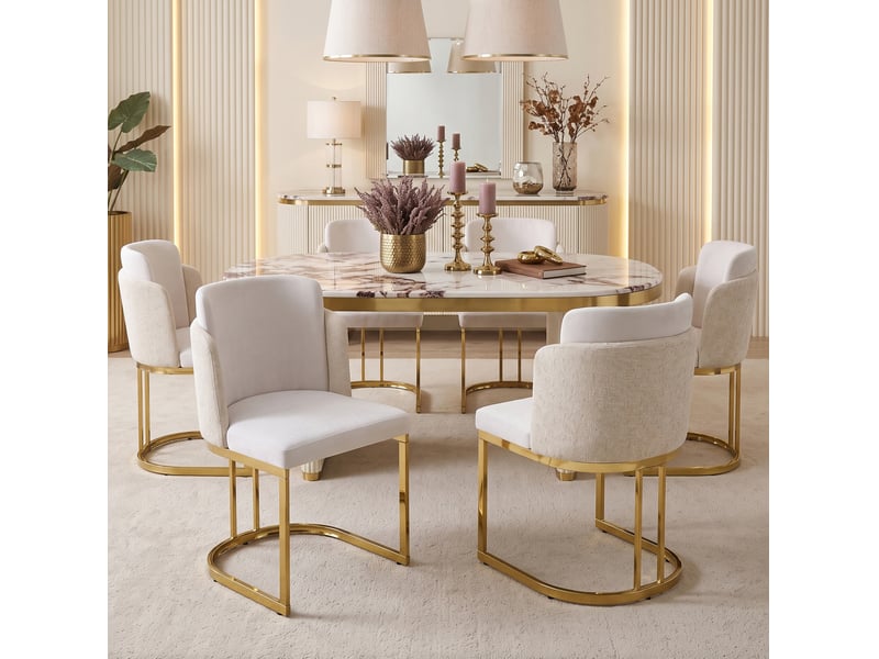  Lot de 6 chaises de salle à manger avec dossier double et assise rembourrée en chenille beige et doré  - Conforama B