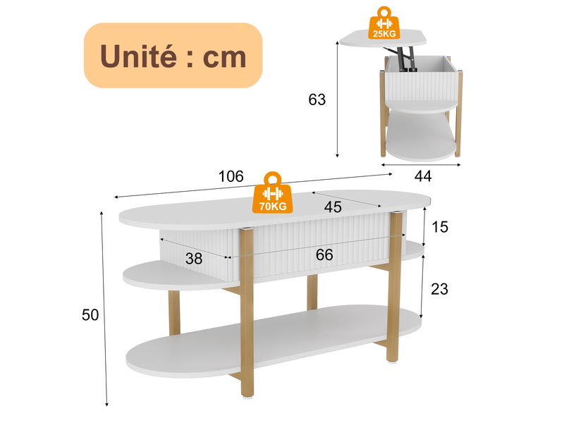  Table basse ovale relevable salon - rangement caché - 2 étagères ouvertes, table basse style crème minimaliste - panneaux cannelés verticaux, table basse multifonction à plateau réglable en hauteur pour salon - blanc  - Conforama C