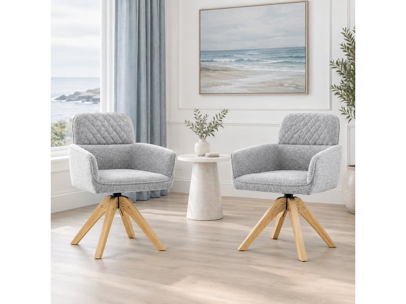 Chaises de salle à manger lot de 2 pivotantes 360°  - dossier capitonné, tissu et bois massif - gris clair  - Conforama C