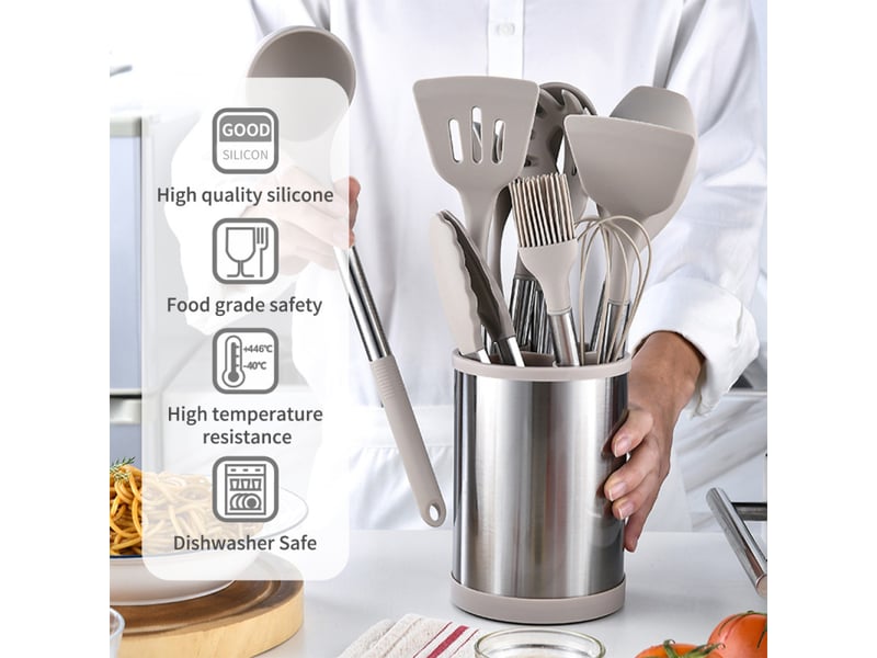  Ensemble de 12 ustensiles de cuisine en acier inoxydable et silicone avec seau de rangement rotatif, gris  - Conforama C