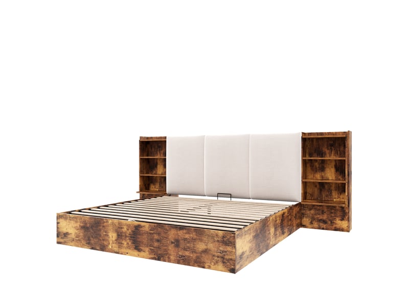  Lit adulte 180 x 200 cm, à rangement hydraulique, avec compartiments de rangement et bande lumineuse led, marron  - Conforama E