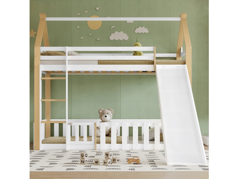  Lit mezzanine enfant avec toboggan blanc et naturel 90 x 200 cm  - Conforama D