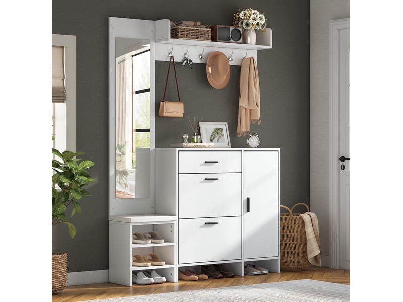  Meuble d'entrée avec banc, miroir, 6 crochets, 1 tiroir, 2 abattants et rangements, mdf blanc, 140 × 30 × 200 cm  - Conforama B