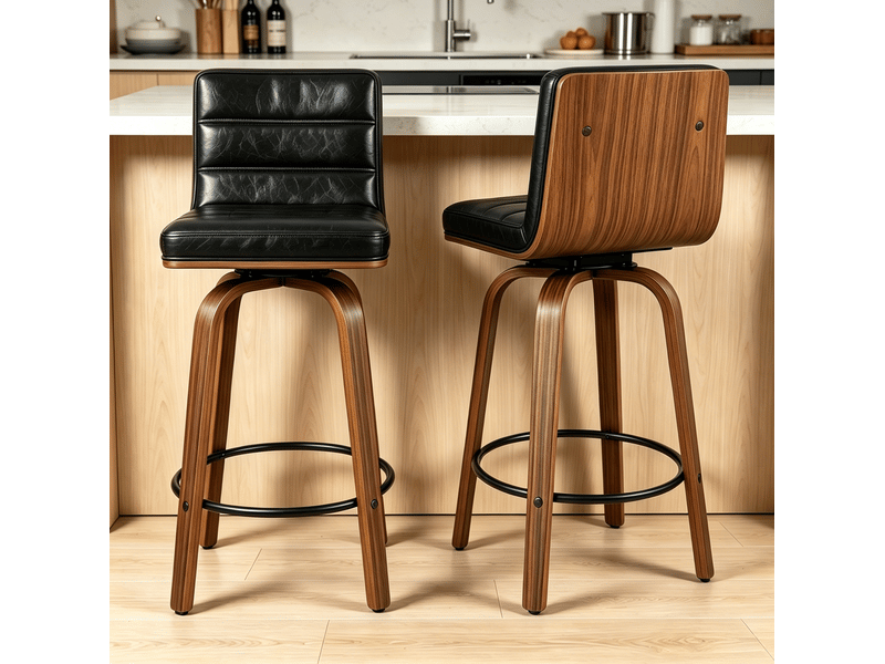  Lot de 2 tabourets de bar pivotants 48x40x90 cm en polyuréthane, avec repose-pieds, pour bar, contemporain, bois, noir  - Conforama B