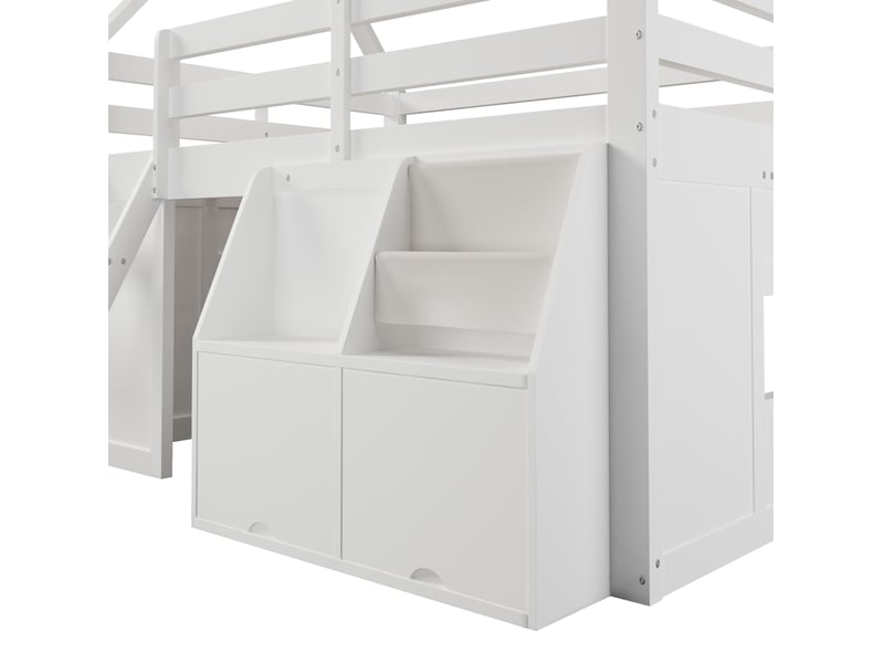  Lit mezzanine enfant 140x200 cm maison, escalier, led, rangements, barrières, bois mdf pin, blanc sans matelas  - Conforama E
