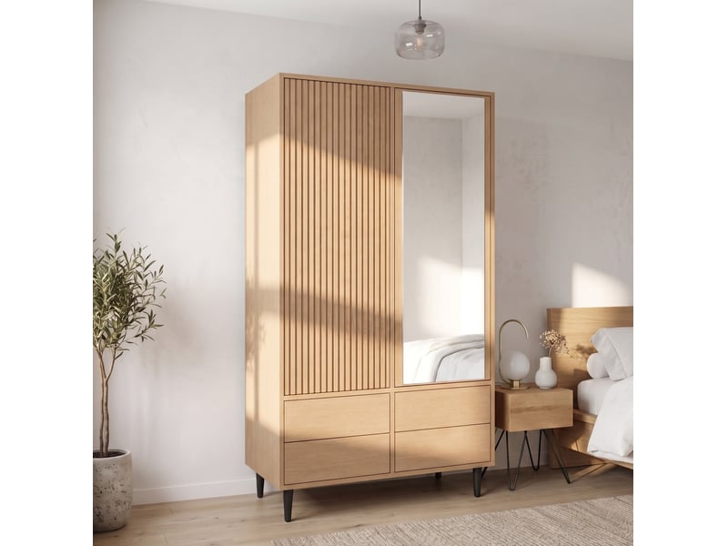 Armoire penderie 90 x 45 x 200 cm – aspect chêne – 2 portes miroir, 1 penderie, 4 tiroirs et rangements - Conforama B