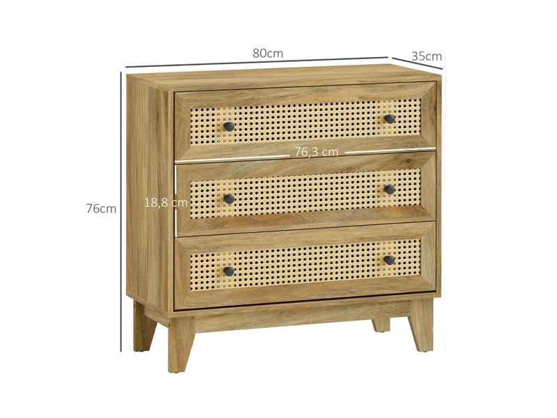  Commode 3 tiroirs meuble de rangement cannage en rotin aspect bois clair 80 x 35 x 76 cm  - Conforama C