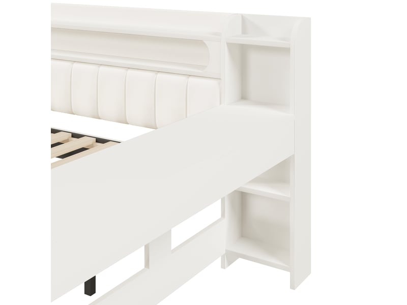  Lit tiroir gigogne 140x200 cm avec bureau, led 7 couleurs, ports usb, tissu lin blanc, sans matelas  - Conforama D