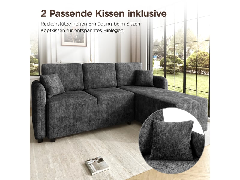 Canapé d'angle 3 places en tissu chenille, méridienne 144 cm, mousse haute densité, 2 coussins inclus, 150 kg - Conforama E