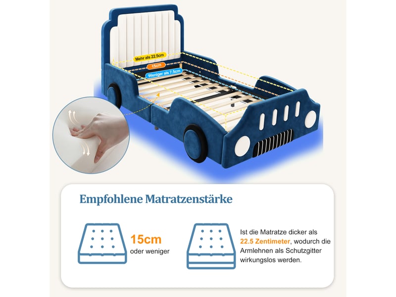 Lit enfant voiture 90 x 200 sans matelas garde corps intégré led velours bleu design rétro sécurité confortable - Conforama E