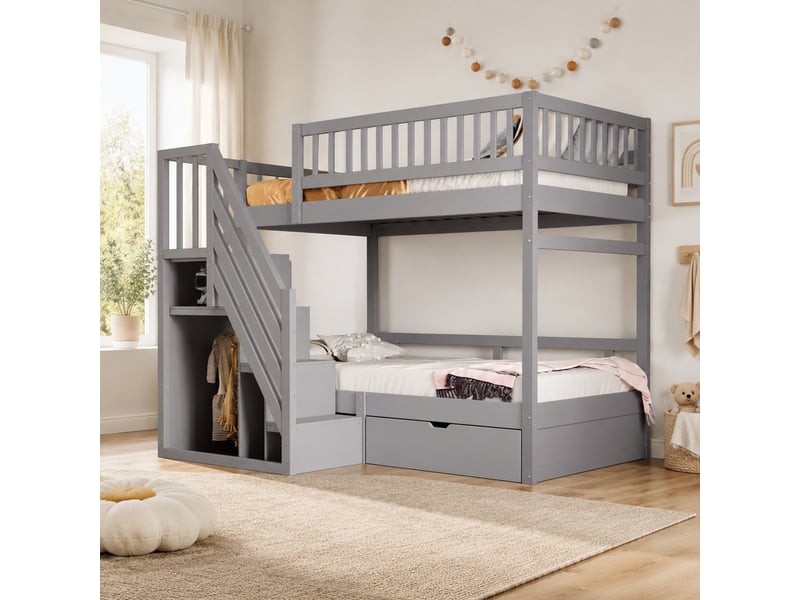 Lit superposé 90x200 cm avec sommiers, échelle avec rangement et tiroirs gris - Conforama B