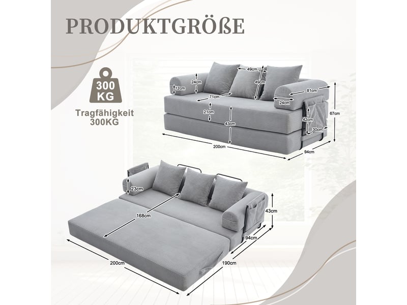  Canapé modulable gris clair velours côtelé 3 places avec coussins, idéal petit salon, 200cm  - Conforama C