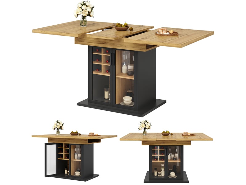 Table de cuisine rectangulaire avec allonge noir+naturel - 80x110-140max.cm mdf table bicolore - Conforama A