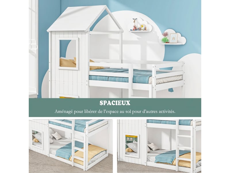  Lit superposé 90x200 lit cabane enfant avec échelle et baldaquin bois massif blanc  - Conforama D