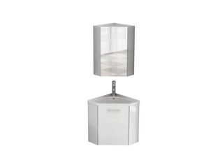 Meuble sous vasque d’angle avec miroir, charnières amorties et lavabo céramique pour salle de bain, en mdf, blanc