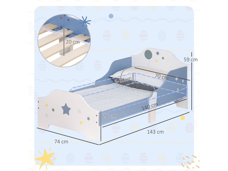  Lit pour enfants de 3 à 6 ans design étoiles sommier à lattes inclus chambre moderne 143 x 74 x 59 cm blanc bleu  - Conforama C