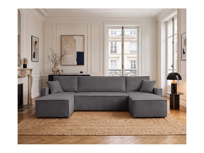  Farah - canapé d'angle panoramique convertible 6 places accoudoirs slim en velours cotelé  - Conforama B