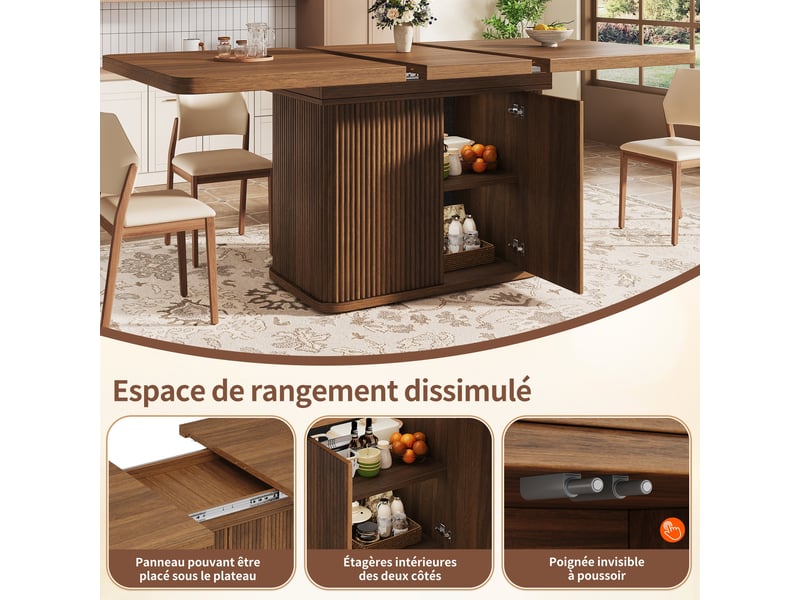  Table à manger extensible 140-180 x 80 x 76,5 cm avec rangement caché, piètement à relief vertical, mdf et métal, marron  - Conforama D