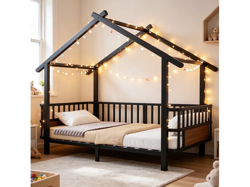  Lit cabane enfant 90 x 200 cm en métal noir avec barrières de sécurité  - Conforama D