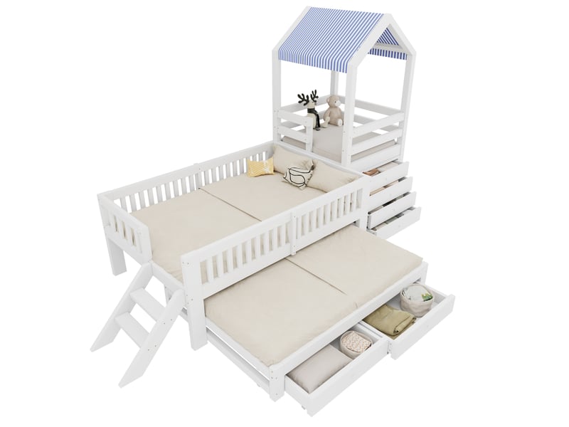  Lit superposé enfant 90 × 200 cm et 90 × 190 cm, 2 places, tiroirs et toit en tissu, sans matelas, blanc  - Conforama A