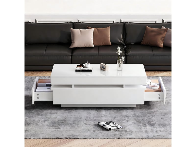 Table basse salon 2 tiroirs appoint led brillante thé blanc - Conforama E