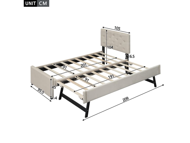 Lit 1 place 90x200cm, lit gigogne, style simple, mdf+velours beige, sans matelas - Conforama D