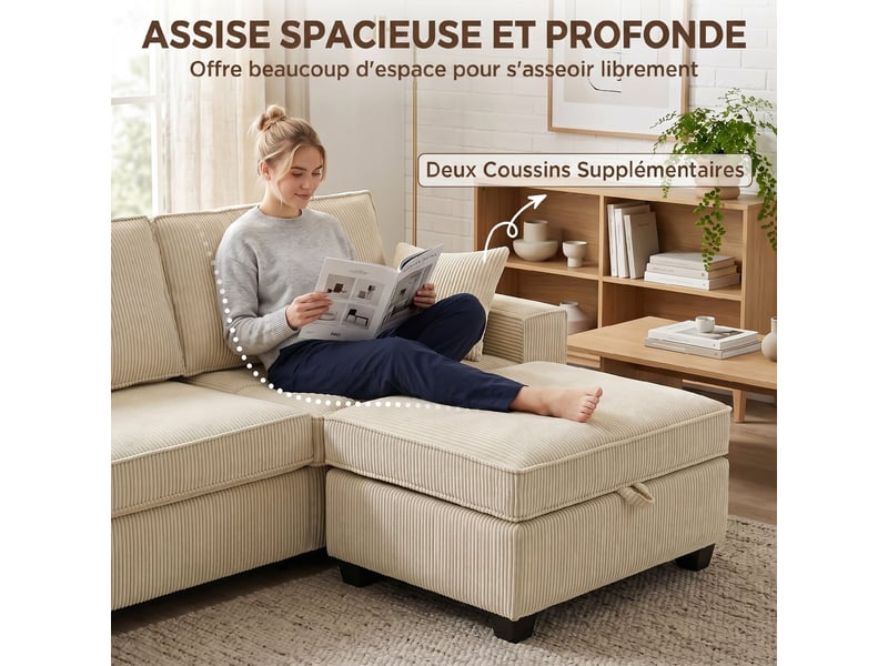  Canapé 3 places avec pouf de rangement, canapé d'angle en velours côtelé, assise large, beige, 2 coussins  - Conforama R