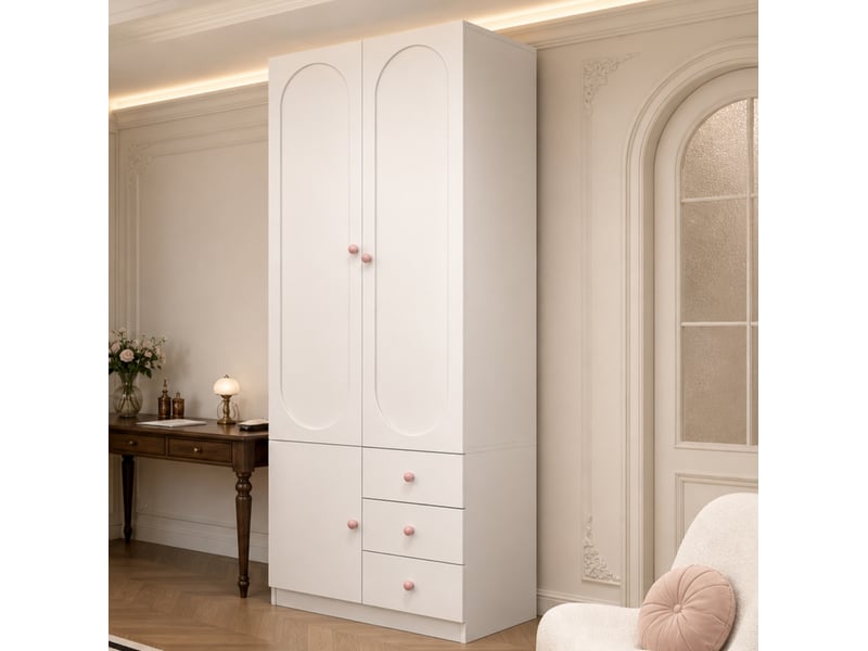  Armoire enfant 2 portes 80x50x200 cm – blanche – 3 tiroirs, penderie et dispositif anti-basculement  - Conforama B