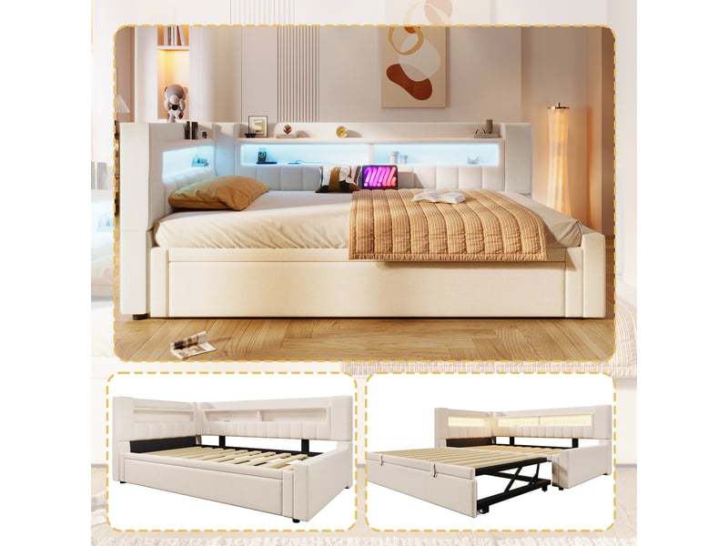  Lit gigogne convertible 90180x200 cm avec led et usb-c, tissu lin beige, structure mdf, sans matelas  - Conforama E