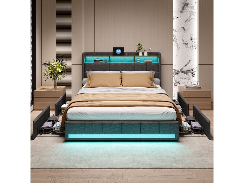  Lit coffre 140x190cm avec 4 tiroirs de rangement, tête de lit rangement, lit deux places, avec ports usb type-c, éclairage rvb, tissu lin gris, design moderne, matelas non inclus 240726YTT0302#ADHWncb55aFRHF - Conforama D