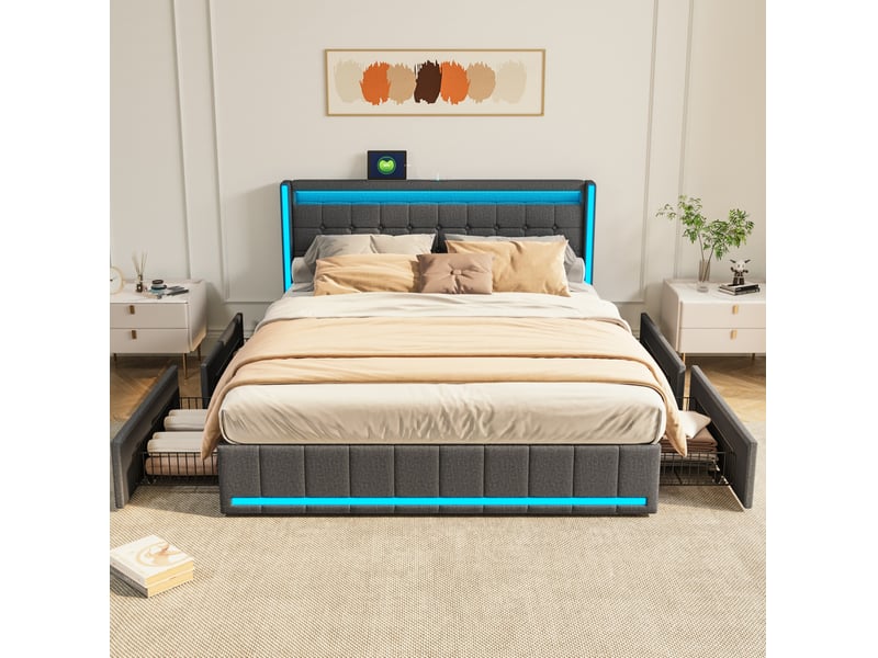 Lit double avec rangement 140x200 cm, usb, 4 tiroirs, éclairage led, tissu aspect lin, bois et mdf, gris foncé, sans matelas - Conforama E